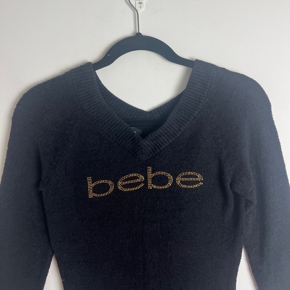 BEBE Y2K Retro Black Gold Rhinestone Spell Out V-Neck 3/4 Sleeve Sweater Dress S - Picture 4 of 9